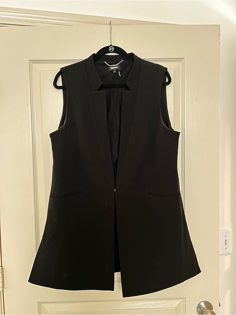 DKNY Black Sleeveless Longline Vest with Notch Collar